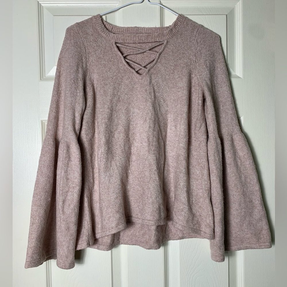 American Eagle | Soft Pink Bell Sleeve Lace Detail Top - Medium